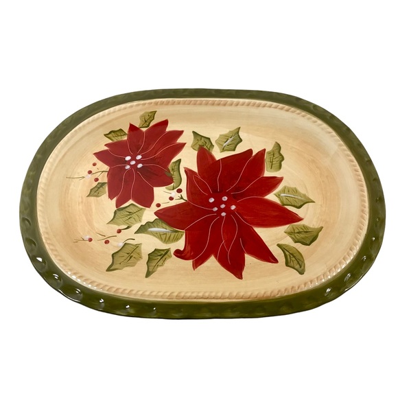 AMBIANCE COLLECTION Poinsettia Platter Tray 11” x 15” Oval ~ Holiday Serveware - Picture 2 of 7